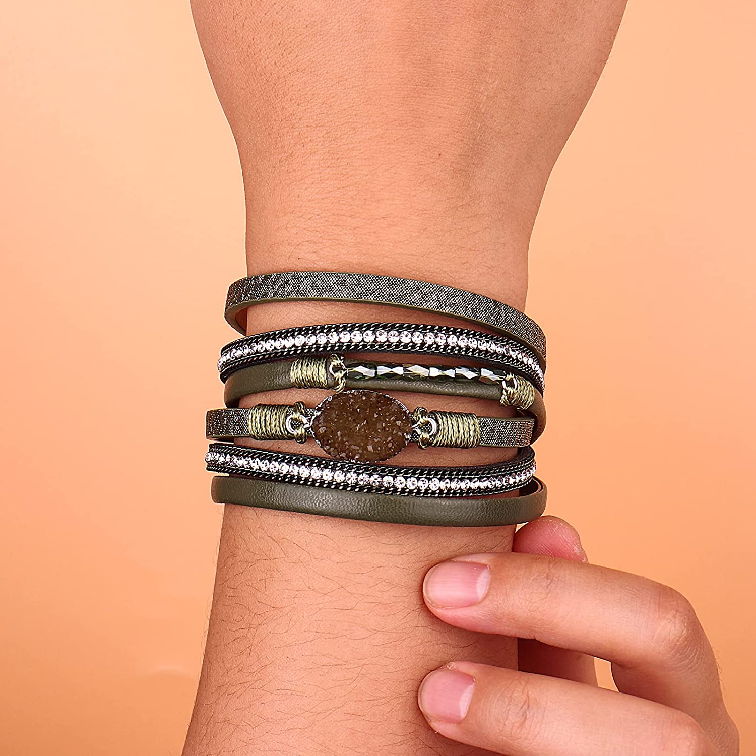 FANCY SHINY Leather Wrap Bracelet Boho Cuff Bracelets Crystal Bead Bracelet with Magnetic Clasp Jewelry Gifts for Women Teen Girls - Image 2